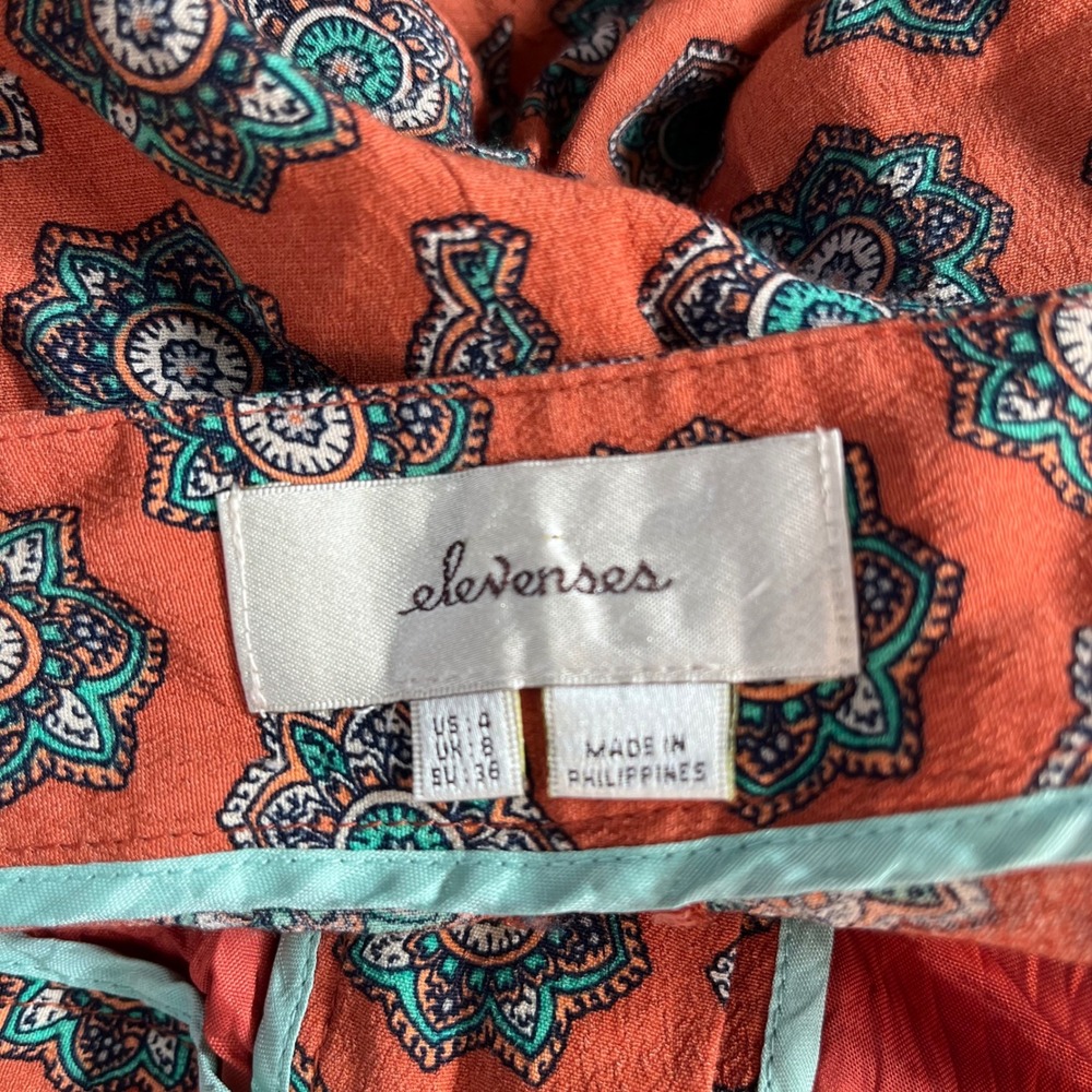 Elevenses Anthropologie Wide Leg Pants Womens 4 Orange Boho Tile Print Culottes - Picture 5 of 11